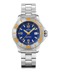 Stříbrné pánské hodinky Delma s ocelovým páskem Blue Shark IV Silver / Orange 47MM Automatic