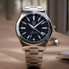 Męski srebrny zegarek Henryarcher Watches ze stalowym paskiem Verden GMT - Ad Astra Aventurine 39MM Automatic