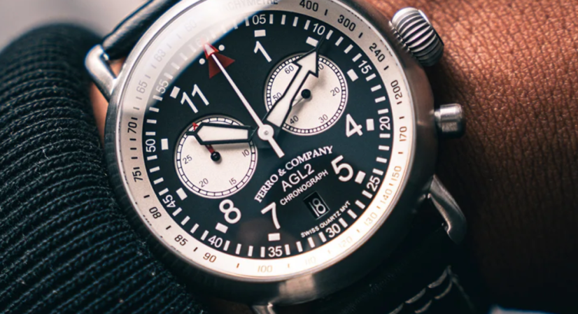 Men's silver Ferro & Company with leather strap AGL 2 Chronograph Black / White 42MM