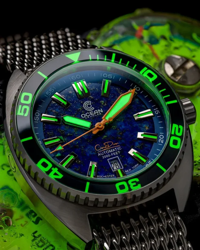 Montre Oceancrawler Watches pour homme en argent avec bracelet en acier Core Diver - Lapis Lazuli Edition 44MM