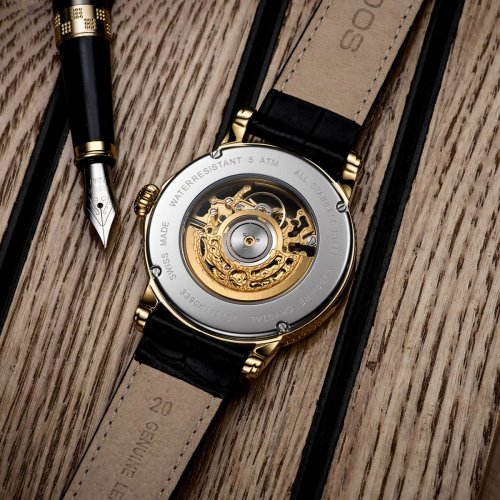 Złoty męski zegarek Epos ze skórzanym paskiem Emotion 3390.156.22.25.25 41MM Automatic