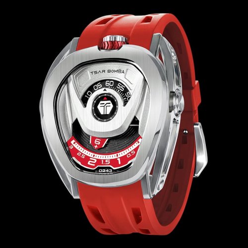 Stříbrné pánské hodinky Tsar Bomba Watch s gumovým páskem TB8213 - Silver / Red Automatic 44MM