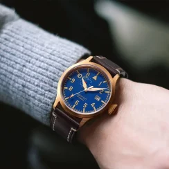 Złoty zegarek męski Aquatico Watches ze skórzanym paskiem Big Pilot Blue Automatic 43MM