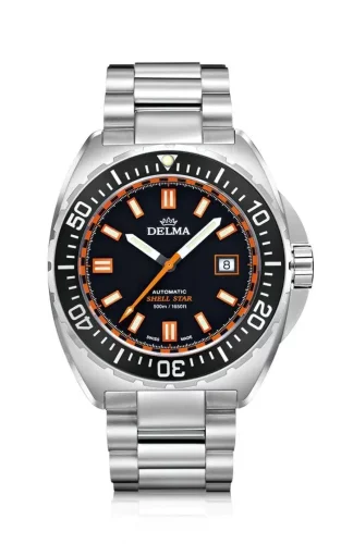 Męski srebrny zegarek Delma Watches ze stalowym paskiem Shell Star Silver / Black 44MM Automatic