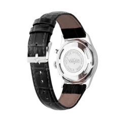 Men's silver Vulcain watch with leather strap Cricket Tradition Black Calf Skin Leather Alligator - Printed Steel Case Back - Black & Gold 39MM Automatic