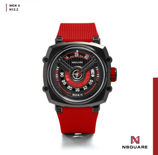 Zwart herenhorloge van Nsquare met rubberen band NSQUARE NICK II Black Red 45MM Automatic