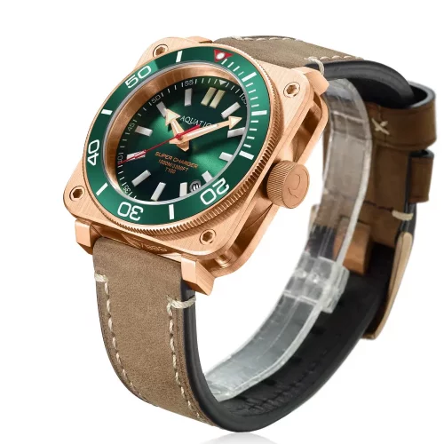 Miesten kultaa Aquatico Watches - kello nahkarannekkeella Charger Bronze Green Dial Automatic 43MM