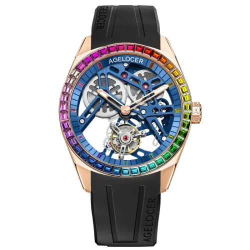 Zlaté pánske hodinky Agelocer Watches s gumovým pásikom Tourbillon Rainbow Series Black / Blue 42MM