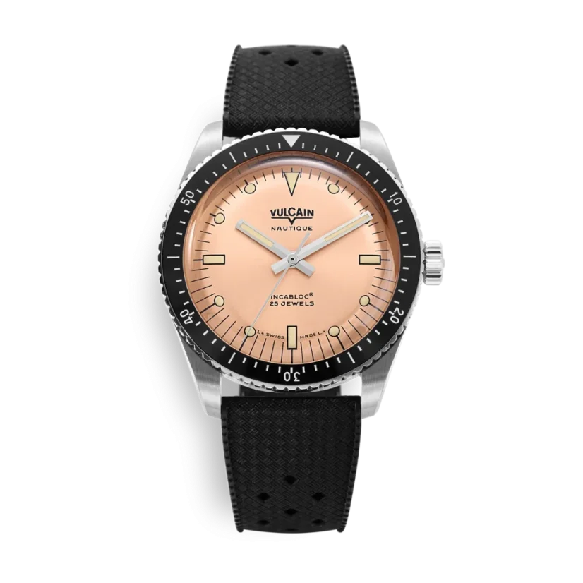 Men's silver Vulcain watch with rubber strap Skindiver Nautique - Salmon Beige Luminova - Rubber 44,5MM Automatic