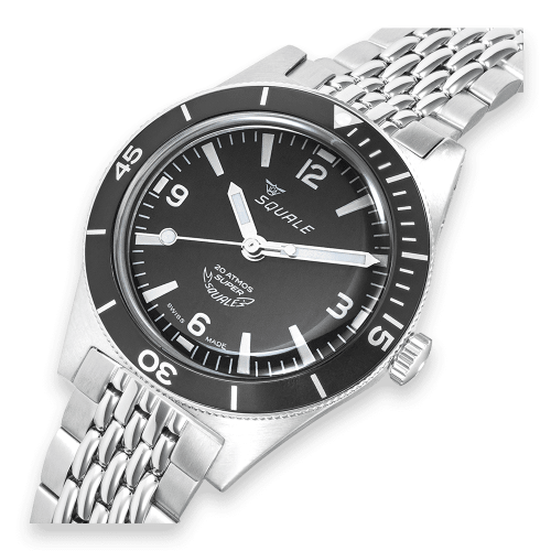 Relógio Squale prata para homens com pulseira de aço Super-Squale Arabic Numerals Black Bracelet - Silver 38MM Automatic