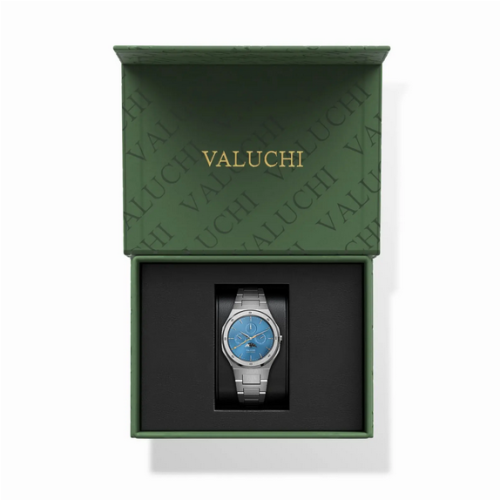 Montre Valuchi Watches pour homme en argent avec bracelet en acier Lunar Calendar - Silver Blue Moonphase 40MM