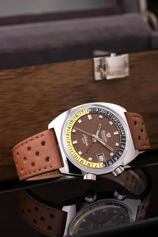 Men's silver Nivada Grenchen watch with leather strap Antarctic GMT - Tropical 32061A17 36MM Automatic