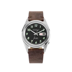 Męski srebrny zegarek Praesidus ze skórzanym paskiem Rec Spec - OG Popcorn Brown Leather 38MM Automatic