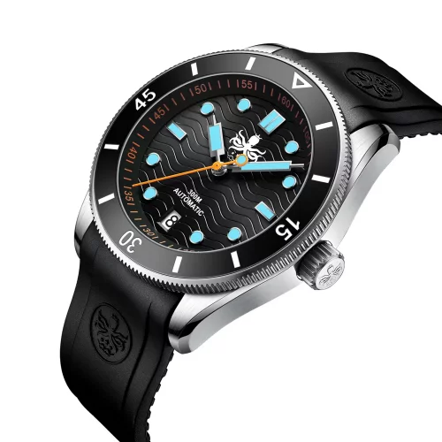 Čierne pánske hodinky Phoibos Watches s gumovým pásikom Wave Master PY010CR - Automatic 42MM