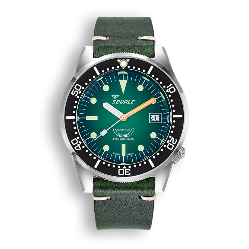 Men's silver Squale watch with leather strap 1521 Green Ray  - Silver 42MM Automatic