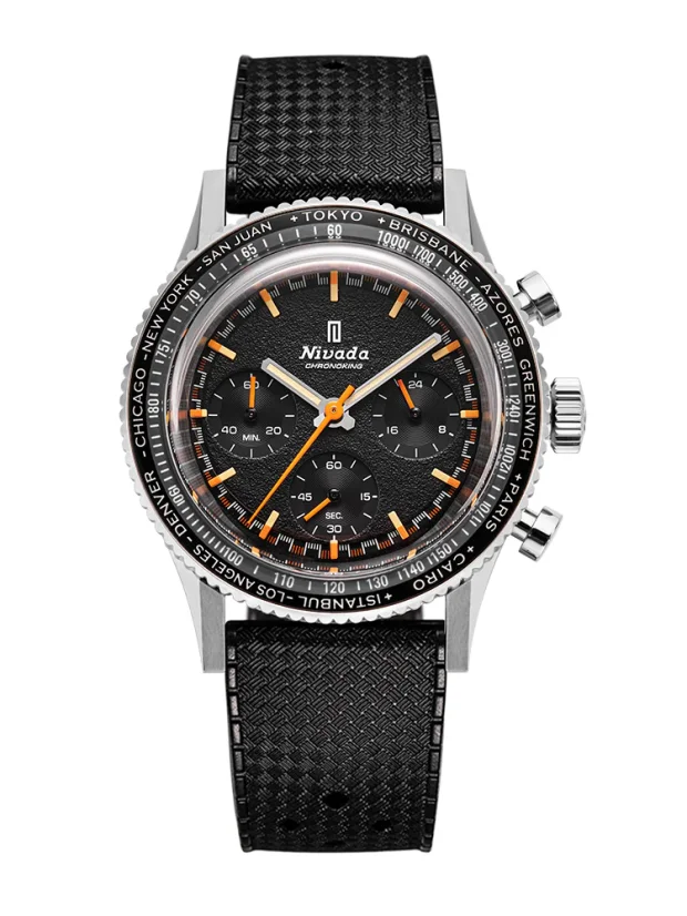 Zilveren herenhorloge van Nivada Grenchen met rubberen band GMT