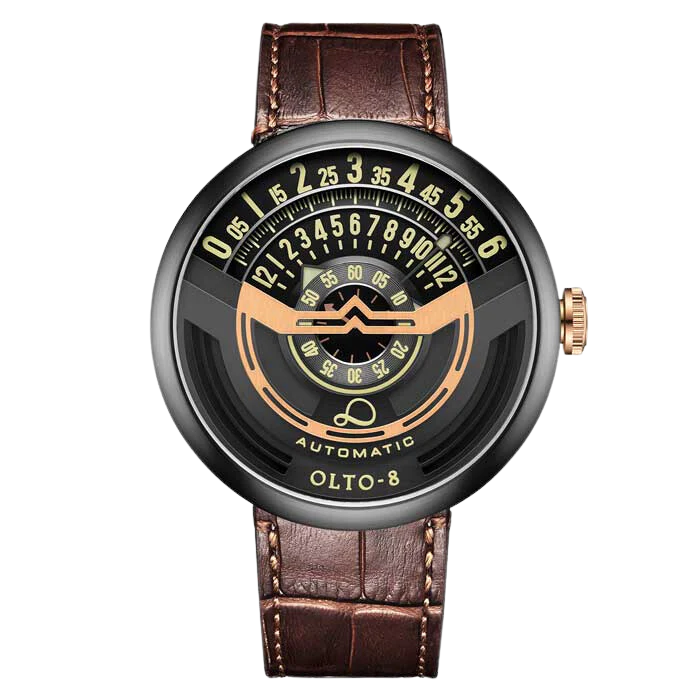 Zwart herenhorloge van OLTO-8 met leren riem INFINITY-I RPM-Style Black / Black 46MM Automatic