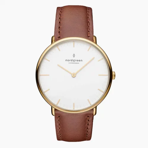 Men's gold Nordgreen watch with leather strap Native White Dial - Brown Leather / Gold 40MM