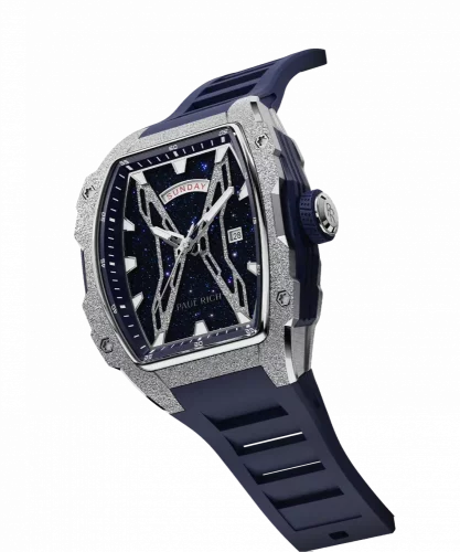 Relógio de homem Paul Rich Watch prateado com bracelete de borracha Frosted Astro Day & Date Lunar - Silver / Blue 42,5MM