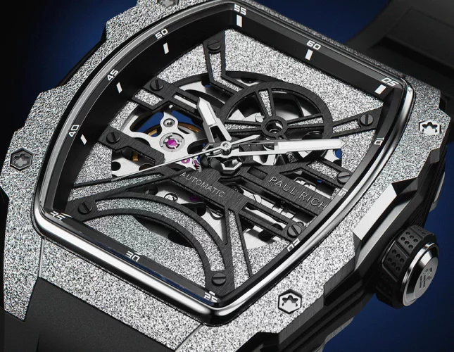 Orologio da uomo in argento Paul Rich Watch con un braccialetto di gomma Frosted Astro Skeleton Lunar - Silver / Blue 42,5MM Automatic