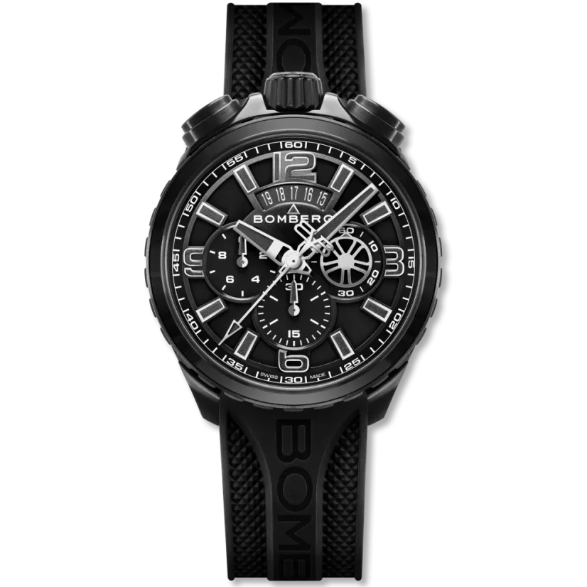 Schwarze Herrenuhr Bomberg Watches mit Gummiband DEEP BLACK 45MM