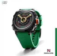 Černé pánské hodinky Nsquare s gumovým páskem NSQUARE NICK II Black / Green 45MM Automatic