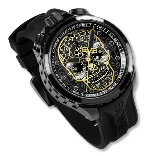 Zwart herenhorloge van Bomberg Watches met een rubberen band SUGAR SKULL GOLDEN 45MM