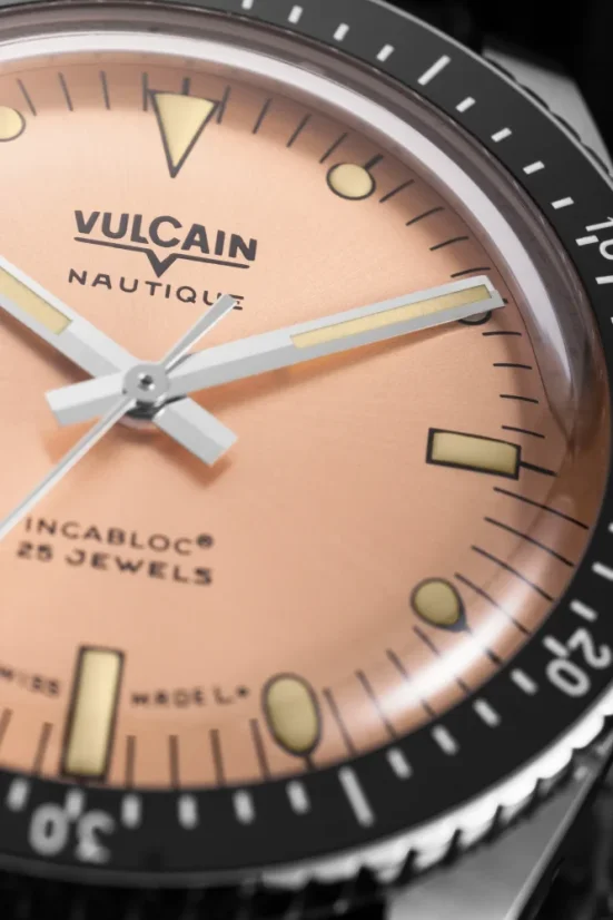 Men's silver Vulcain watch with rubber strap Skindiver Nautique - Salmon Beige Luminova - Rubber 44,5MM Automatic