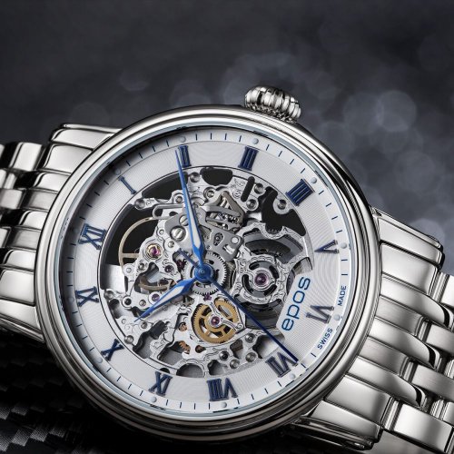 Srebrny męski zegarek Epos ze stalowym paskiem Emotion 3390.155.20.20.30 41MM Automatic