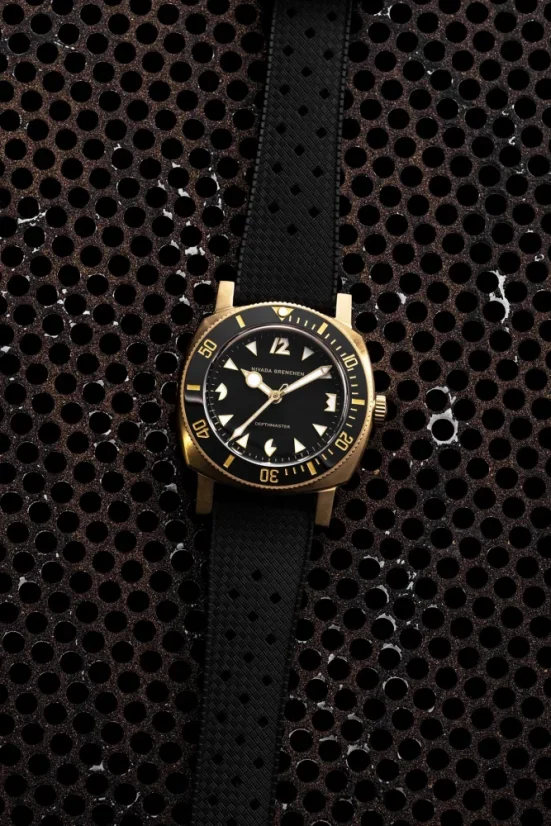 Men's gold Nivada Grenchen watch with leather strap Depthmaster Bronze 14123A16 Black Leather 39MM Automatic