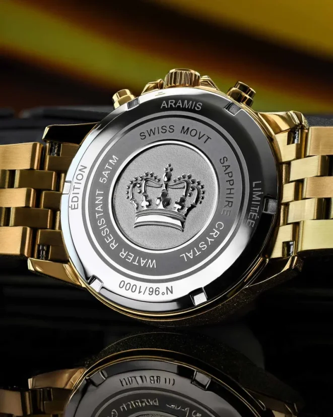 Zlaté pánské hodinky Louis XVI s ocelovým páskem Frosted Aramis 2.0 With Diamonds - 3602 Gold 43MM