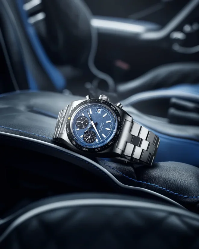 Men's silver Nivada Grenchen watch with leather strap CHRONOSPORT Blue 77003A10 38MM Automatic