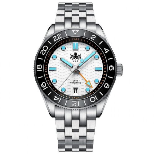Strieborné pánske hodinky Phoibos Watches s oceľovým pásikom GMT Wave Master 200M - PY049E Silver Automatic 40MM