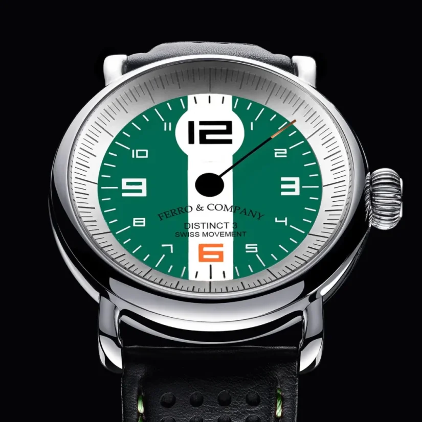 Montre Ferro & Company pour hommes en argent avec bracelet en cuir Distinct 3 British Racing Green 42MM