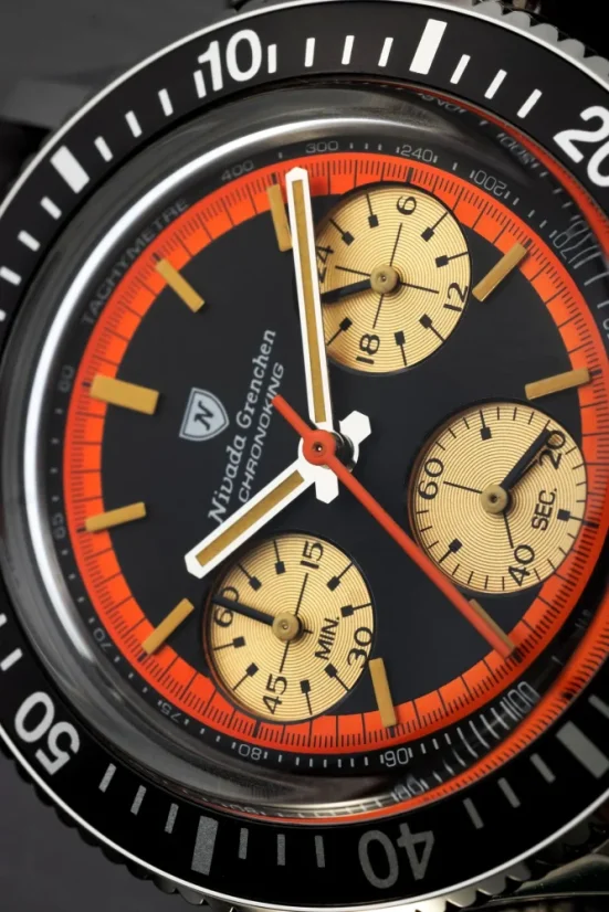 Stříbrné pánské hodinky Nivada Grenchen s ocelovým páskem Chronoking Paul Newman Orange 87034Q04 38MM