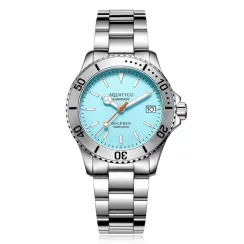 Relógio Aquatico Watches prata para homens com pulseira de aço Dolphin Dive Watch Tiffany Blue Dial 39MM