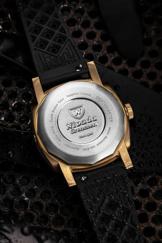 Men's gold Nivada Grenchen watch with leather strap Depthmaster Bronze 14123A16 Black Leather 39MM Automatic