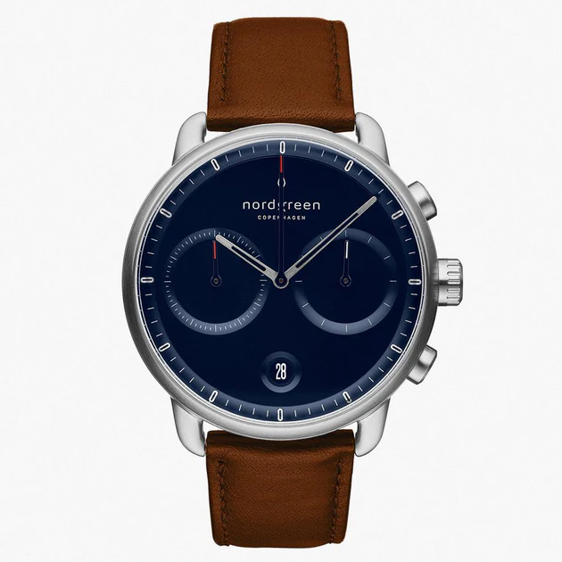 Men's silver Nordgreen watch with leather strap Pioneer Navy Dial - Brown Leather / Silver 42MM