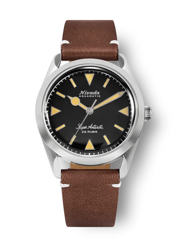 Stříbrné pánské hodinky Nivada Grenchen s koženým páskem Super Antarctic 32024A 38MM Automatic