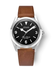 Stříbrné pánské hodinky Nivada Grenchen s koženým páskem Super Antarctic 3.6.9 Black No Vintage Effect 32039A16 38MM Automatic