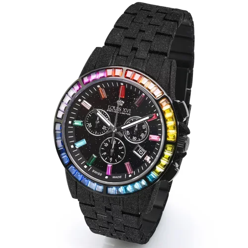 Relógio Louis XVI masculino preto com pulseira de aço Majesté Iced Out Rainbow 1129 - Black 43MM