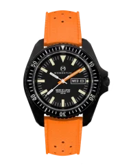 Zwart herenhorloge van Momentum Watches met een rubberen band SQ30 Eclipse Solar Black-Ion - ORANGE TROPIC FKM RUBBER 42MM