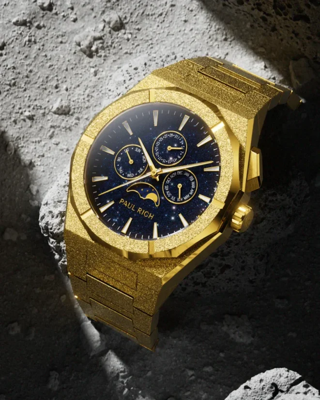 Zlaté pánske hodinky Paul Rich s oceľovým pásikom Frosted Star Dust II Moonphase - Gold 43MM