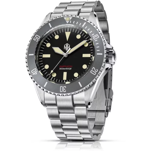 Herrenuhr aus Silber NTH Watches mit Stahlband Amphion Commando No Date - Black Automatic 40MM