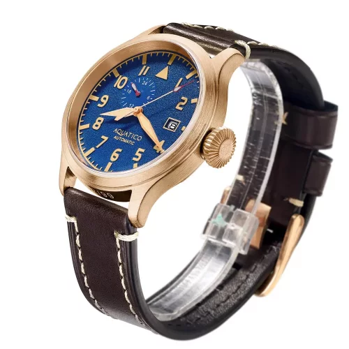 Zlaté pánske hodinky Aquatico Watches s koženým pásikom Big Pilot Blue Automatic 43MM