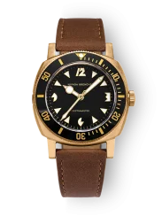 Men's gold Nivada Grenchen watch with leather strap Pacman Depthmaster Bronze 14123A16 Brown Leather 39MM Automatic