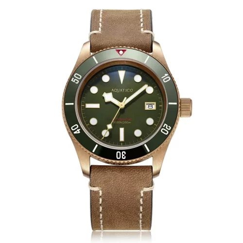 Goldene Herrenuhr Aquatico Watches mit Ledergürtel Bronze Sea Star Military Green Automatic 42MM