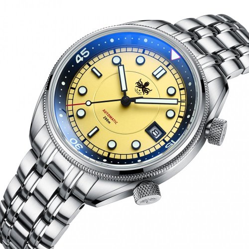Reloj Phoibos Watches plateado para hombre con correa de acero Eage Ray 200M - Pastel Yellow Automatic 41MM