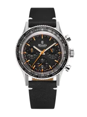 Men's silver Nivada Grenchen watch with leather strap GMT Bezel Chronoking Mecaquartz Inter. Bezel Black Leather 87042Q15 38MM