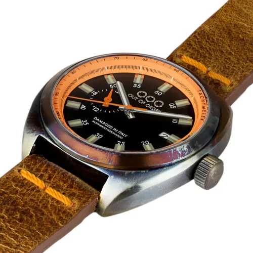 Męski srebrny zegarek Out Of Order Watches ze skórzanym paskiem Torpedine Orange 42MM Automatic